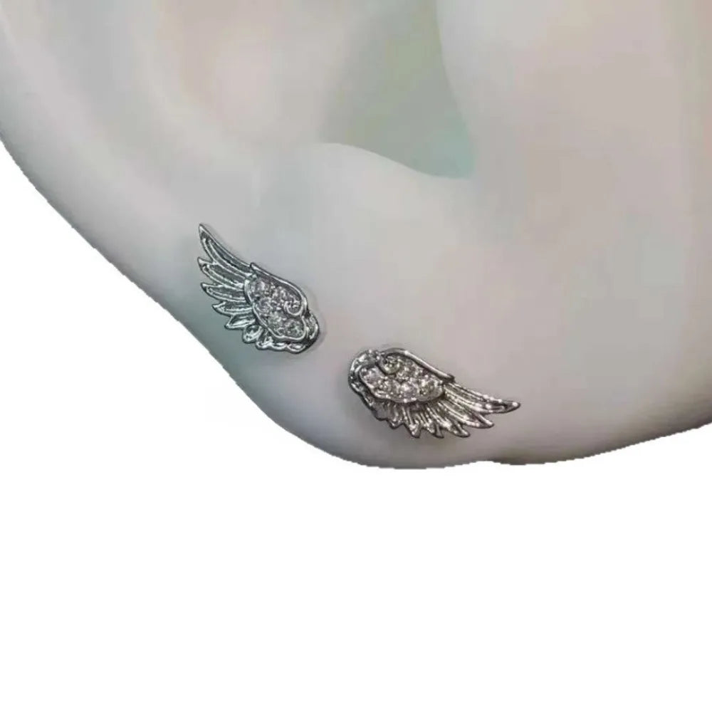 Personality Shiny Zircon Angel Wings Stud Earrings for Women Men Couple Multiple Ear Holes Fold Wear Ear Bone Stud Jewelry Gifts
