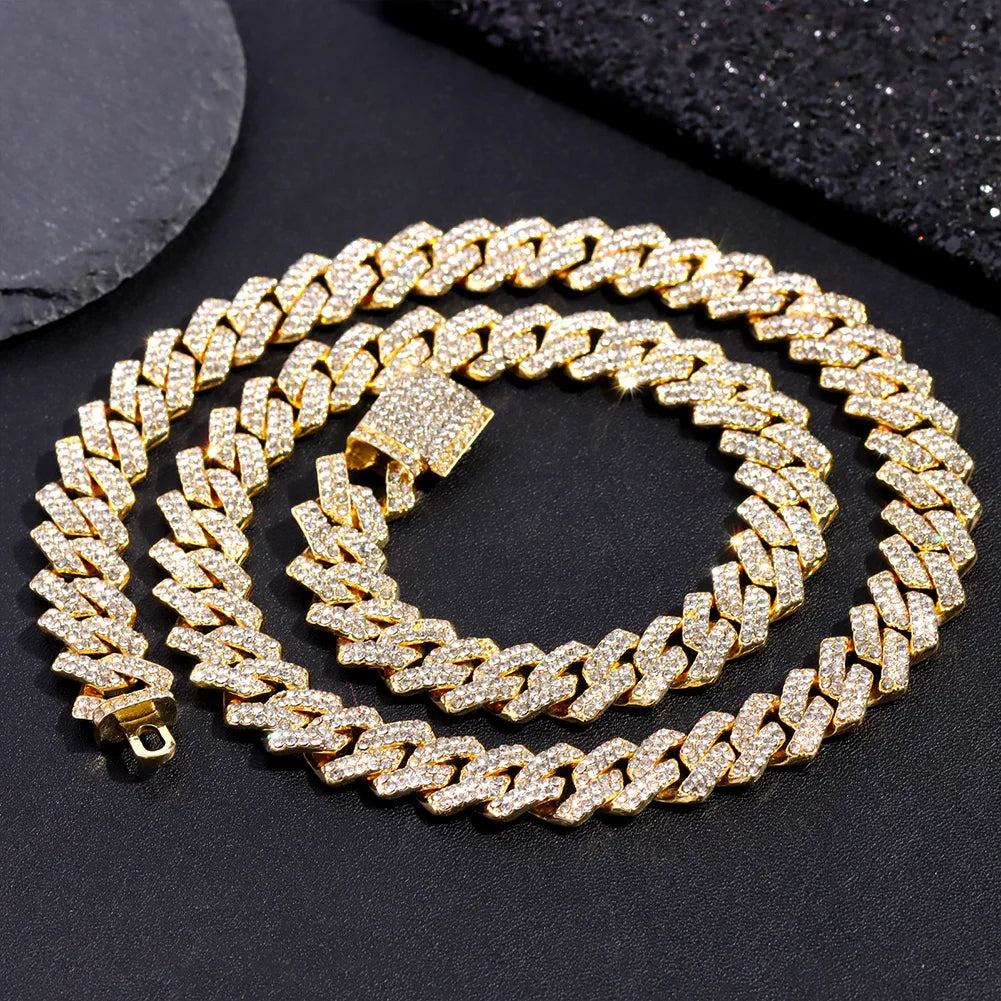 14MM Diamond Cuban Link Chain Men Women Iced Out 2 Row Rhinestone Paved Rhombus Prong Cuban Necklaces Hip Hop Jewelry