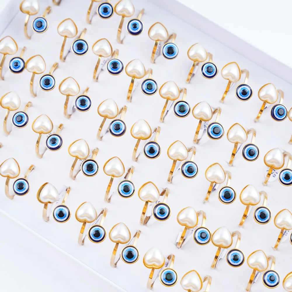 20Pcs/Lot Lucky Blue Devil's Eyes with Heart Rhinestone Pearl Stainless Steel Rings for Men Women Wedding Jewelry Party Gifts