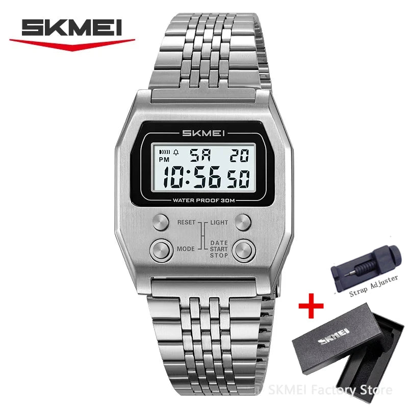 SKMEI 2460 Mens Wristwatches Stainless Steel Sport Luxury Retro LED Electronic Waterproof Digital Watch for Men Reloj Hombre