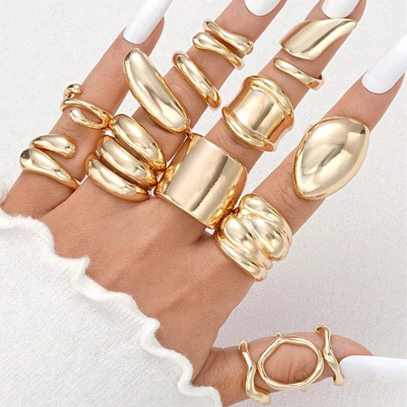 14pcs Exaggerated Smooth Rings Set For Women Fashion Simple Gold Color Geometric Asymmetrical Wide Face Ring Casual Jewelry Gift