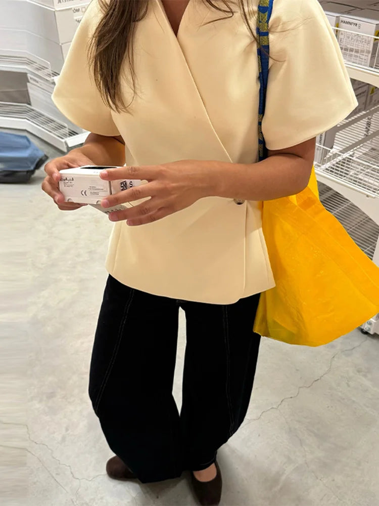V-neck Short Sleeve Side Placket Suit Jacket Women Elegant Waist Cinching Slim Coats 2026 Spring Summer New Chic Office Lady Top