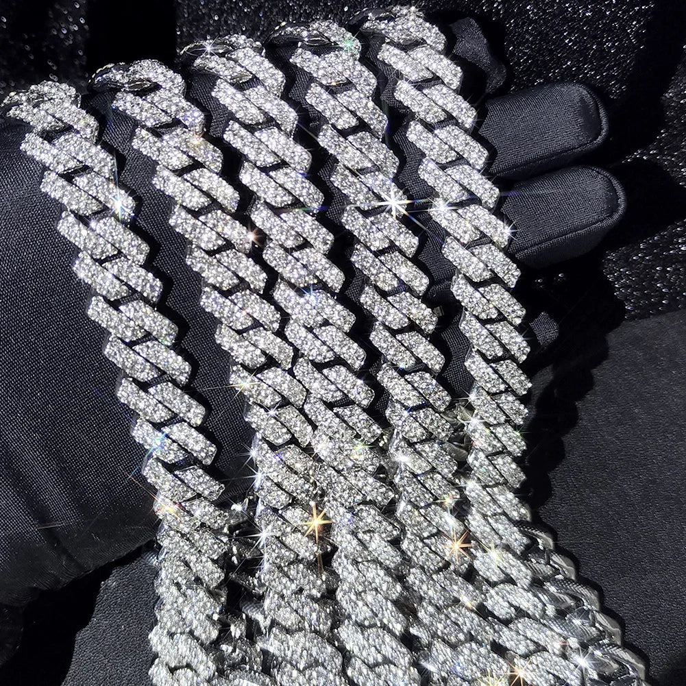 14MM Diamond Cuban Link Chain Men Women Iced Out 2 Row Rhinestone Paved Rhombus Prong Cuban Necklaces Hip Hop Jewelry