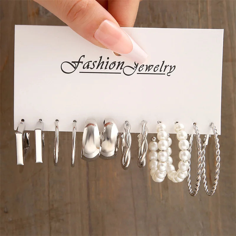Trendy Silver Color Earrings Set for Women Girls Simple Pearl Metal Butterfly Snake Circle Hoop Earrings 2024 New Fashion