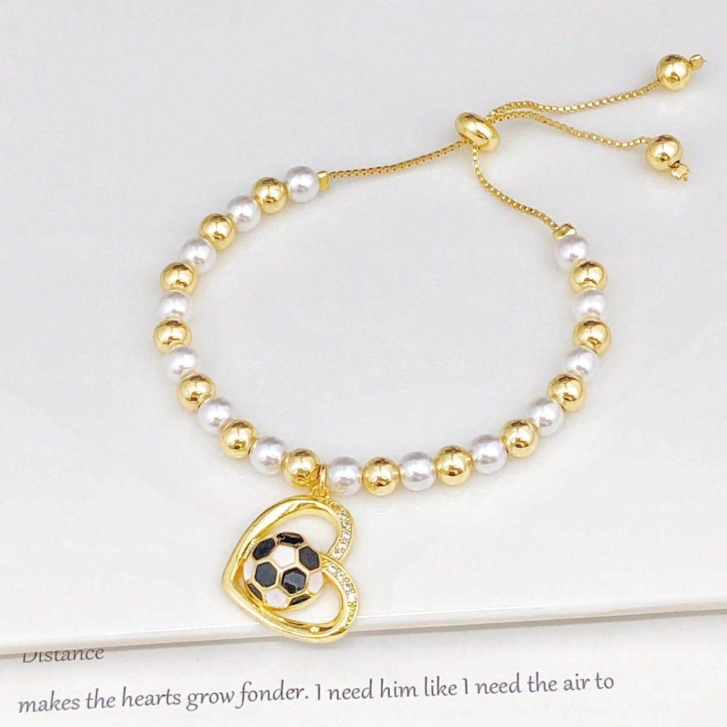 New Design Heart-Shaped Enamel Art Football Copper Bead Chain Adjustable Bracelet for Men Women Sports Style Jewelry Accessories