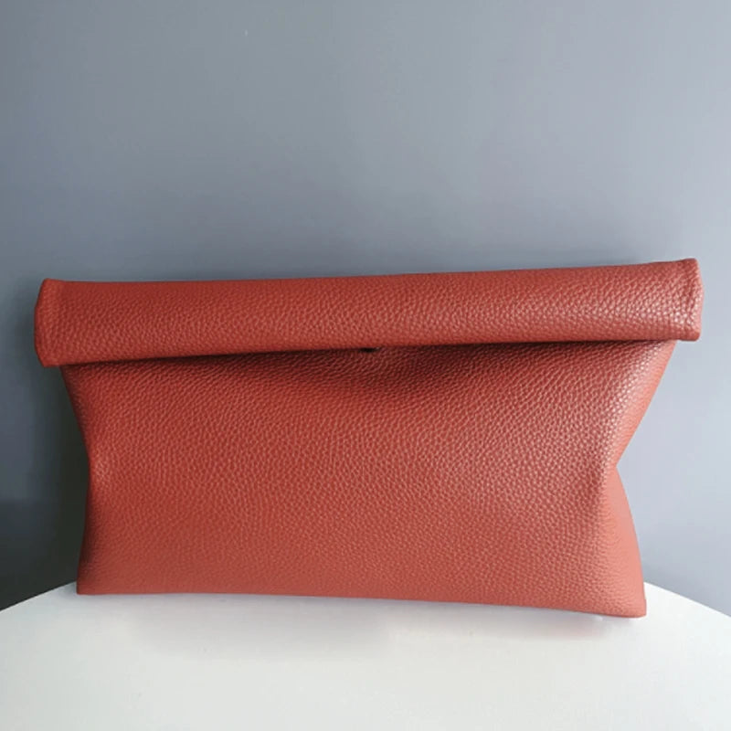 Orange Simple Soft PU Leather Rolled Edge Clutch Bag Women Handbag Retro Casual Makeup Women Bag Cip Bag