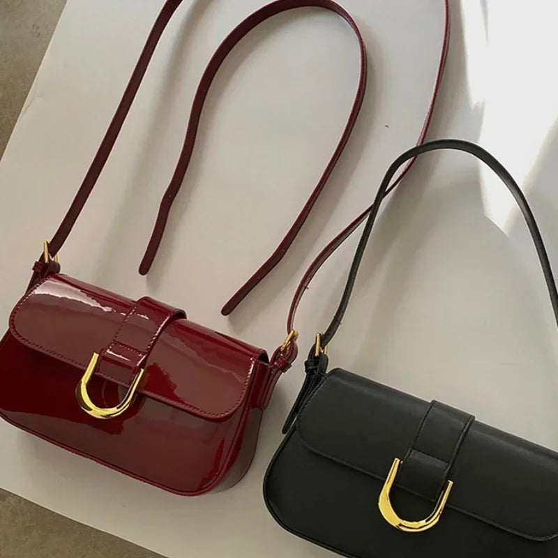 Retro Patent Leather Shoulder Bags For Women Luxury Flap Crossbody Bag Solid Color Underarm Bags Red Crossbody Lady Handbag