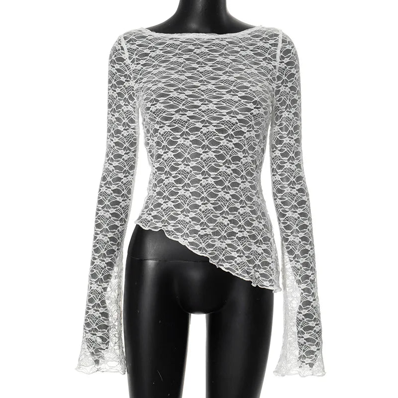 2025 Spring And Summer Women'S New Solid Color Lace Slant Hem Sexy Long Sleeve T-Shirt Top Fashion Spice Girl Lace Tops