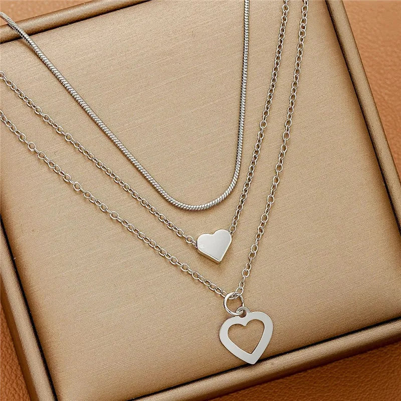 LETAPI 2025 New Fashion Simple Silver Color Choker Necklaces for Women Three Layer Chain Heart Pendant Necklace Jewelry Gift