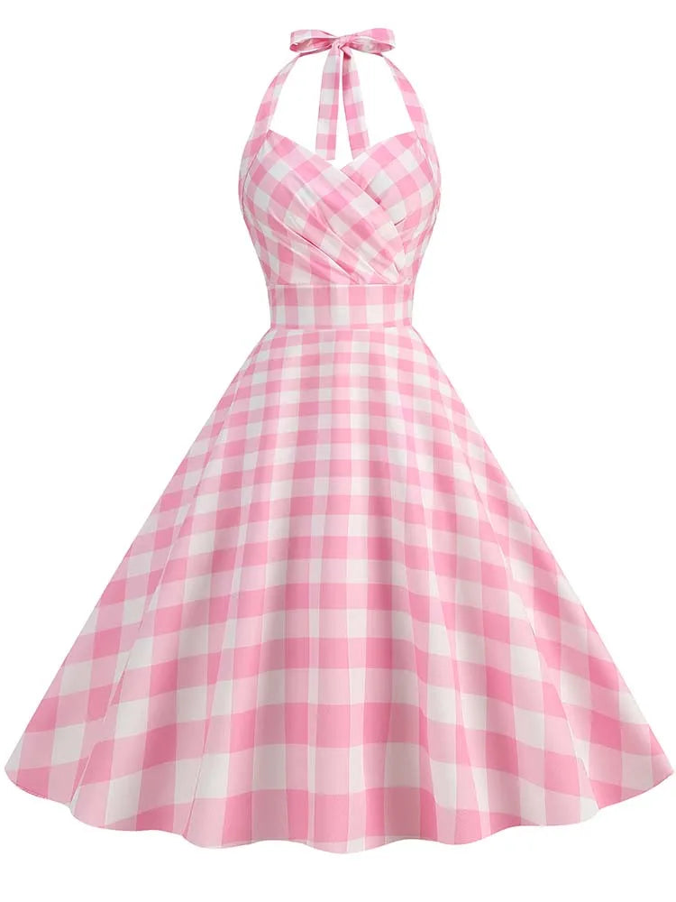 Elegant Polka Dot Party Dress Women Summer Halter High Waist 50s Vintage Fit and Flare Backless Retro Dresses