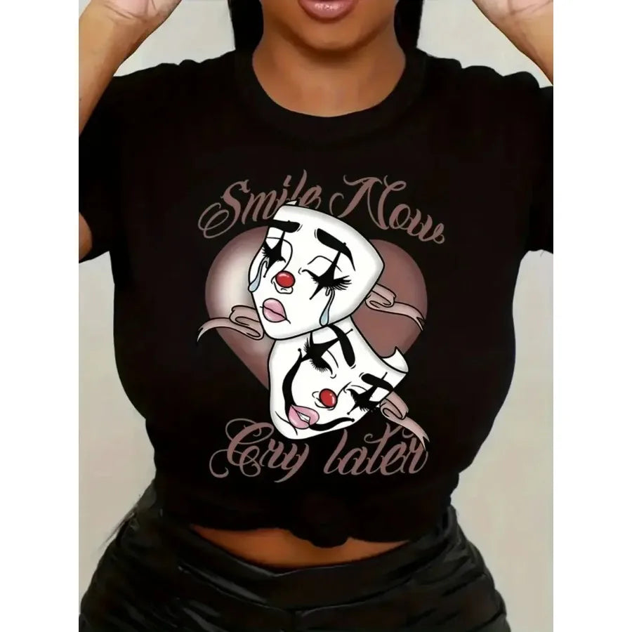 kunxia-Clown Mask Print T-Shirt Short Sleeve Round Neck Casual Topfemale clothes