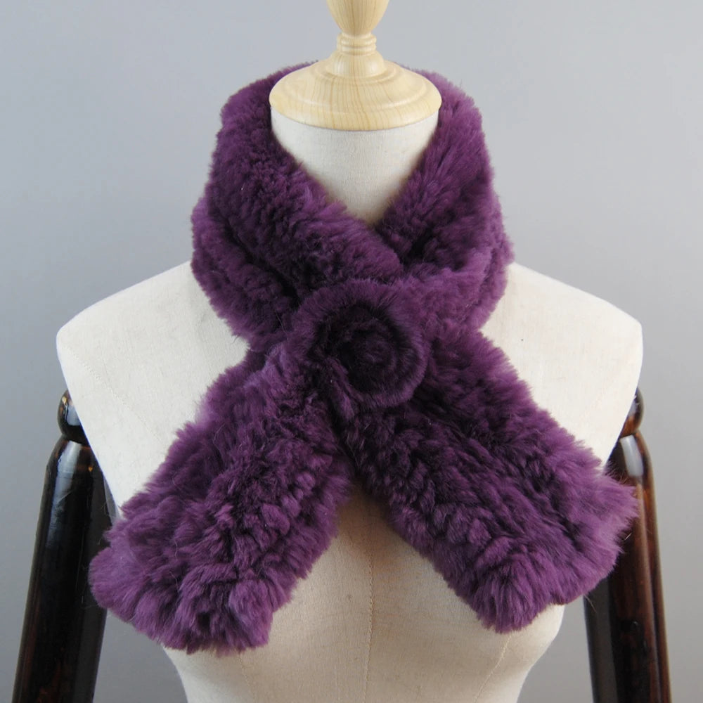 New Russian Women Knit Real Rex Rabbit Fur Scarf Lady Fashion Floral Rex Rabbit Fur Mufflers Hot Winter Warm Natural Fur Scarves