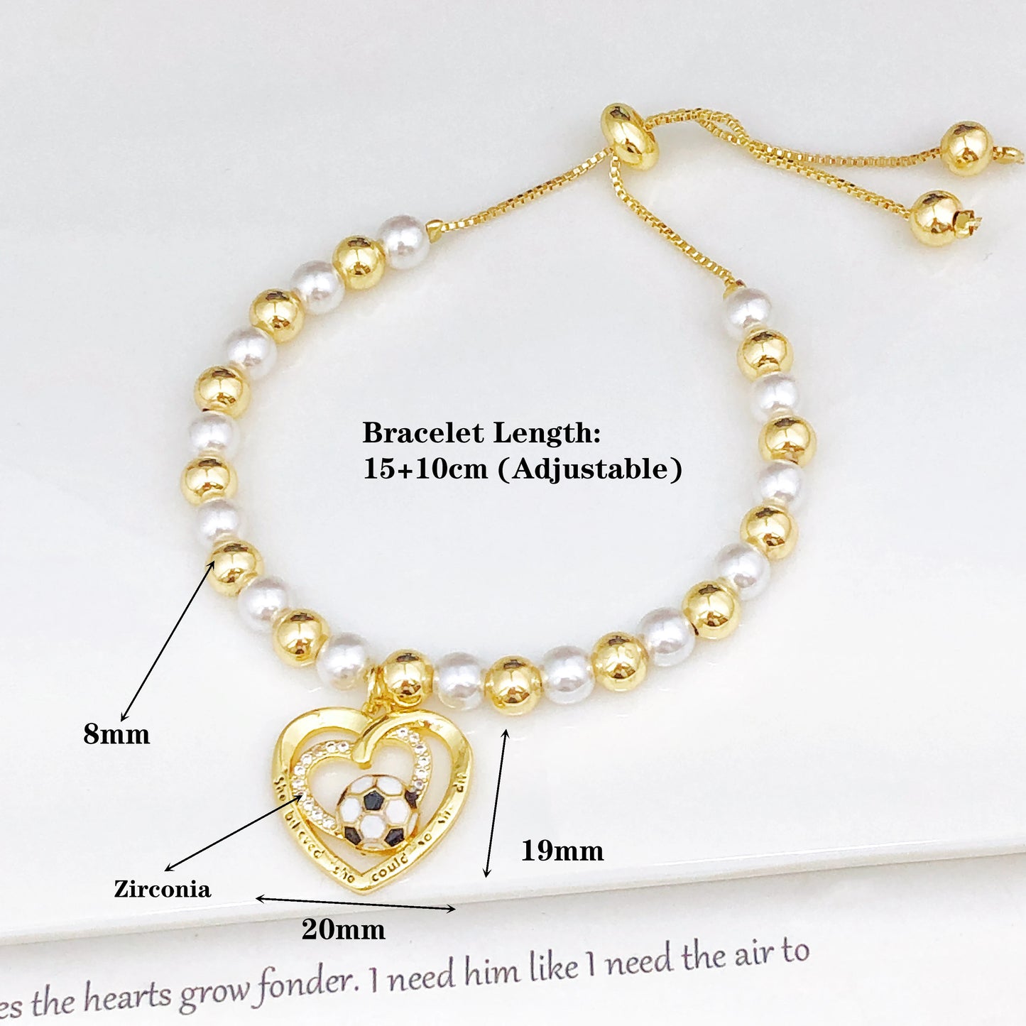 New Design Heart-Shaped Enamel Art Football Copper Bead Chain Adjustable Bracelet for Men Women Sports Style Jewelry Accessories