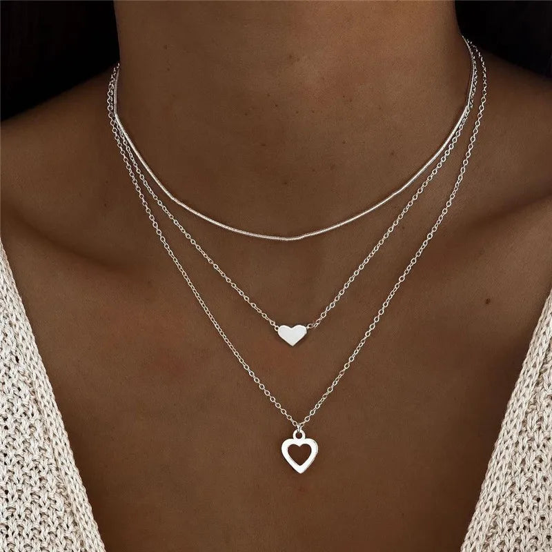 LETAPI 2025 New Fashion Simple Silver Color Choker Necklaces for Women Three Layer Chain Heart Pendant Necklace Jewelry Gift