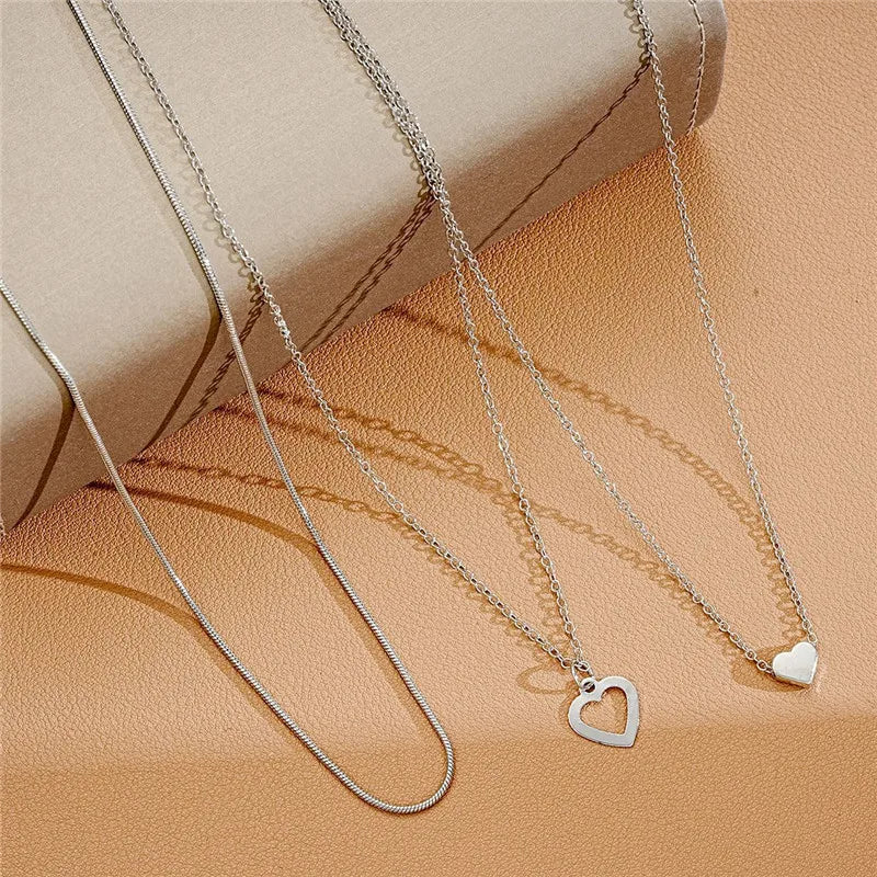 LETAPI 2025 New Fashion Simple Silver Color Choker Necklaces for Women Three Layer Chain Heart Pendant Necklace Jewelry Gift