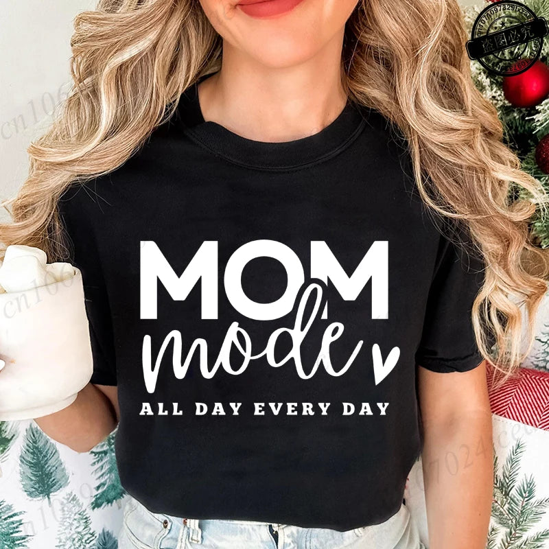 Mom Mode All Day Every Day Printed Women's T-Shirts Clothing Shirt Short Sleeve T-shirt Tops Oversized T Shirt Women Clothes