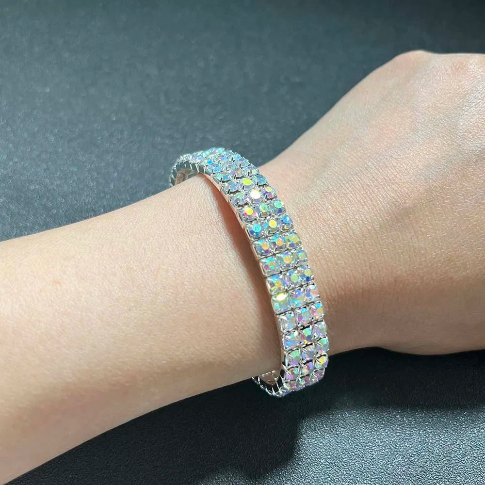 TREAZY Stunning AB Color Rhinestones Wedding Bangles Silver Plated Crystal Stretch Bracelet for Women Wristband Elastic Jewelry