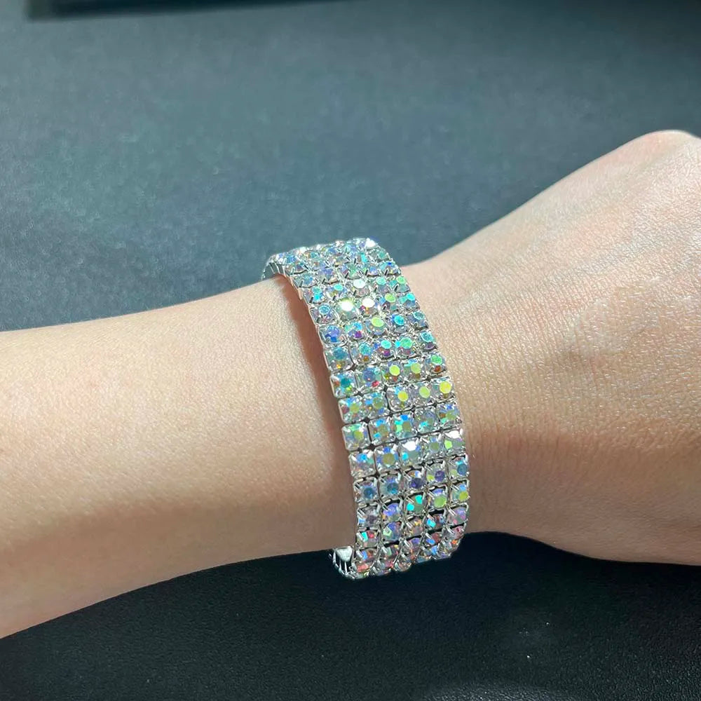 TREAZY Stunning AB Color Rhinestones Wedding Bangles Silver Plated Crystal Stretch Bracelet for Women Wristband Elastic Jewelry