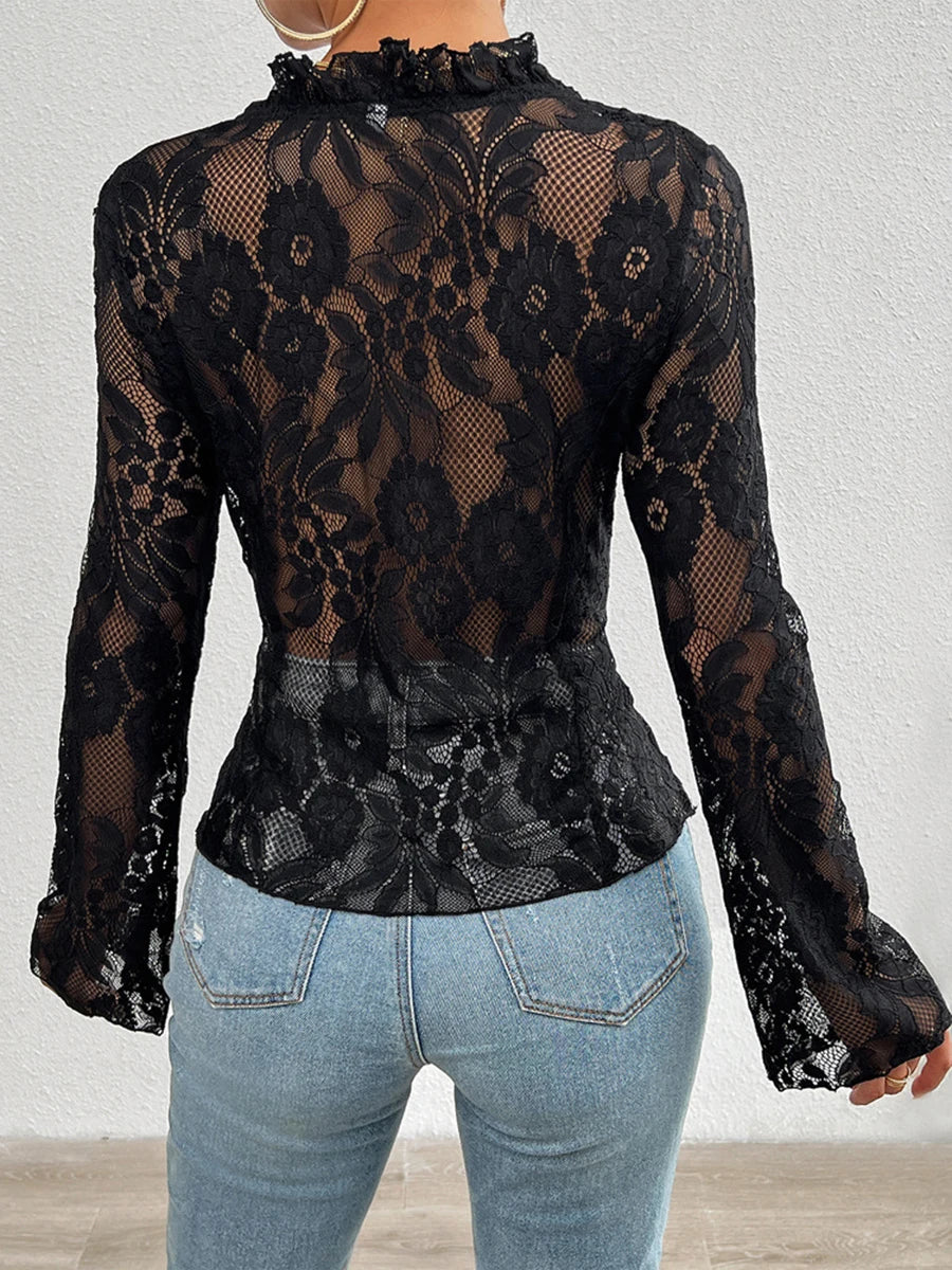New Fashion Women Lace Long Sleeve Tops Casual Sheer Basic Tie Front Shirt Blouses For Club Streetwear Aesthetic Clothes S M L