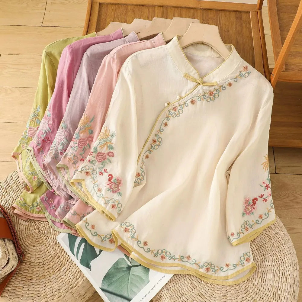 Loose Embroidered T-Shirts Women's Clothes Summer Vintage Woman Tshirt Casual Cotton Linen Ethnic Style Ladies T Shirt Blusas
