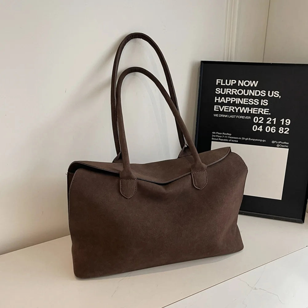 Shoulder Bag for Women Men with Inner Pocket Retro Handbag Suede Solid Color Tote Bag Trendy Satchel Bag Work Travel Bag