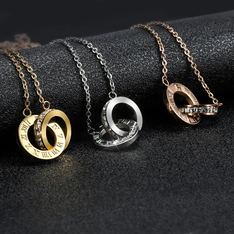 new stainless steel rose gold square diamond Roman numeral double-buckle short necklace