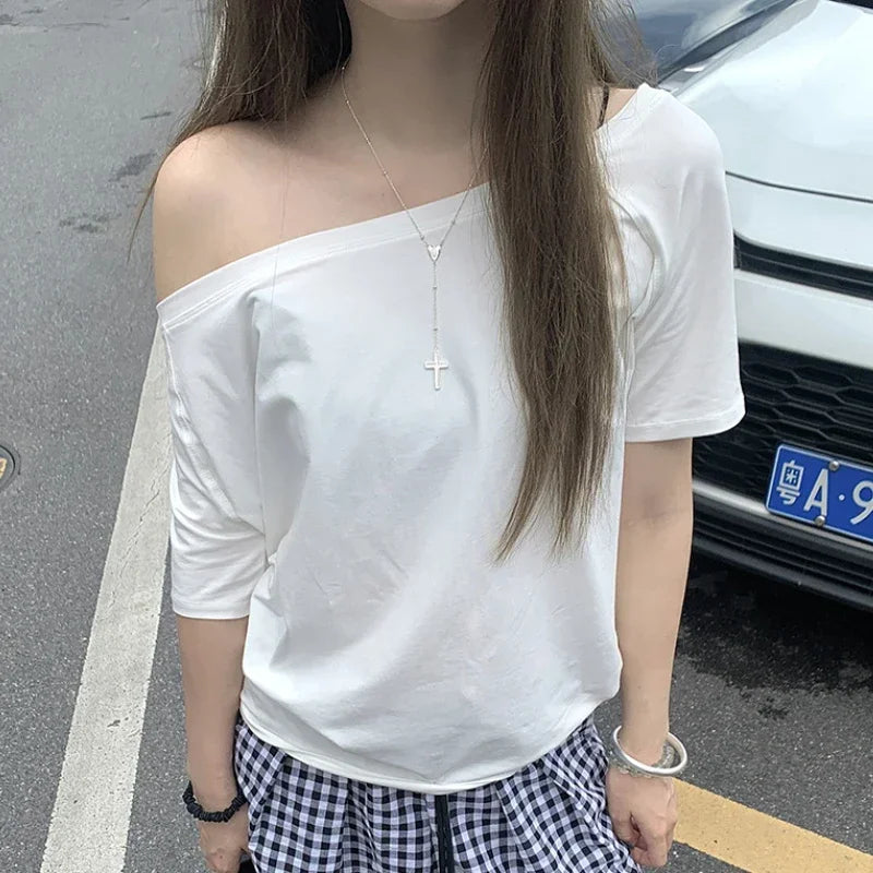 Y2k Top Aesthetic Clothes Ins T-shirts Women Solid Simple Summer Casual Cleanfit Short Sleeve All-match Young Girls Streetwear