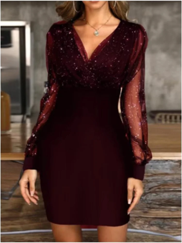 Sexy V-neck Transparent Long Sleeved Dress Women's Solid Color Sequin Dresses Party Fashionable Elegant Autumn Clothes