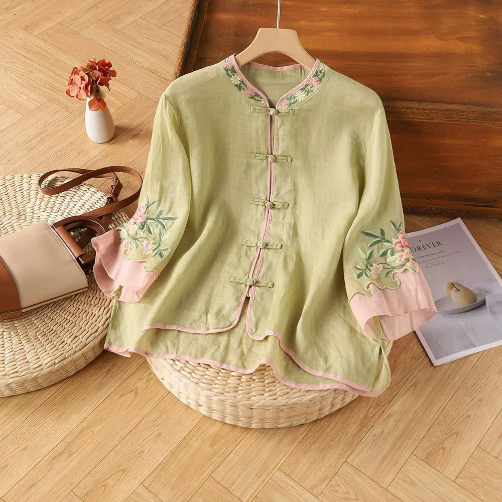 Loose Embroidered T-Shirts Women's Clothes Summer Vintage Woman Tshirt Casual Cotton Linen Ethnic Style Ladies T Shirt Blusas