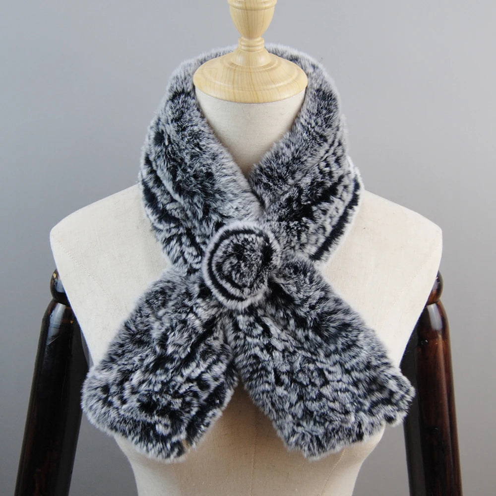 New Russian Women Knit Real Rex Rabbit Fur Scarf Lady Fashion Floral Rex Rabbit Fur Mufflers Hot Winter Warm Natural Fur Scarves