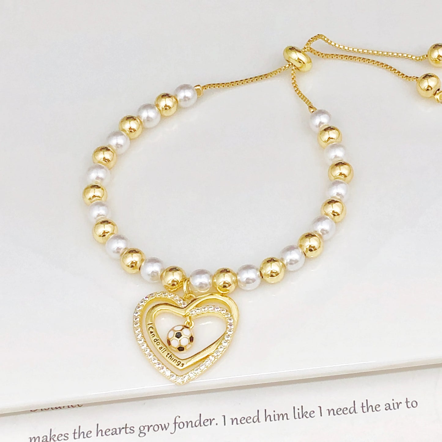 New Design Heart-Shaped Enamel Art Football Copper Bead Chain Adjustable Bracelet for Men Women Sports Style Jewelry Accessories