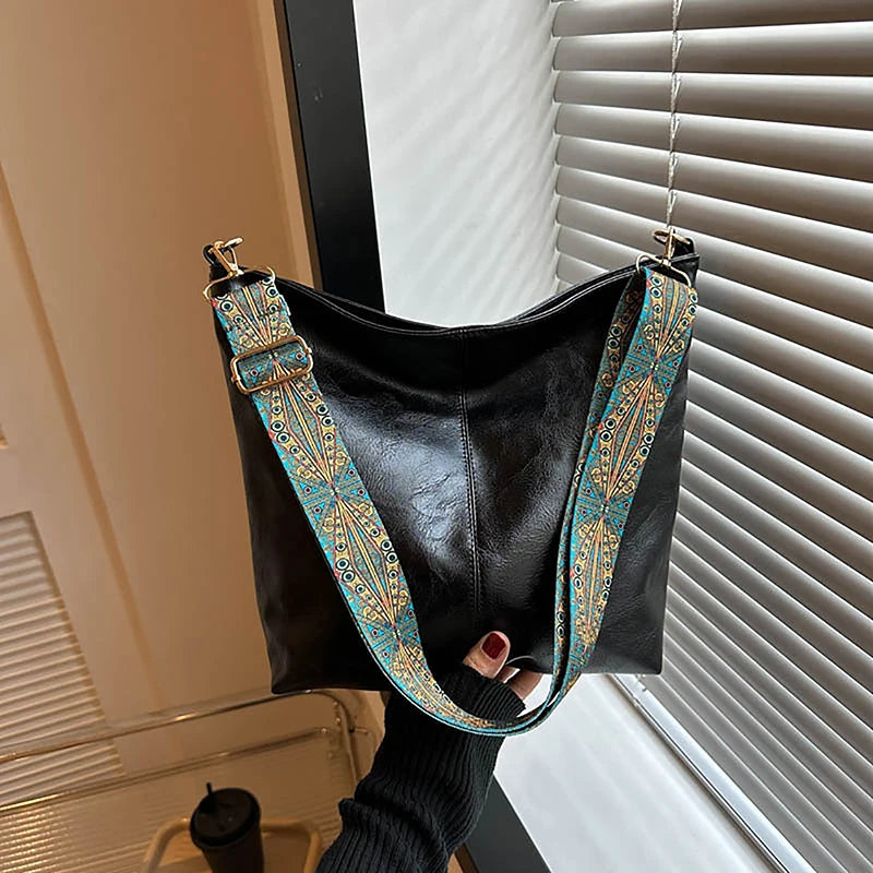 Womens Fashion Shoulder Sling Bag Vintage Brown PU Leather High-Capacity Simple Wide Strap Bucket Crossbody Female Commuter Bags