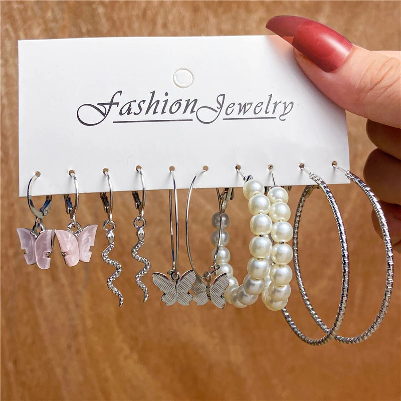 Trendy Silver Color Earrings Set for Women Girls Simple Pearl Metal Butterfly Snake Circle Hoop Earrings 2024 New Fashion