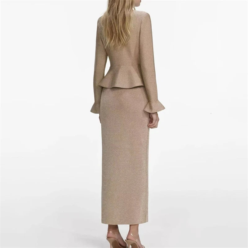2025 Spring New Women's RoundNeck Diamond-Embellished Long-Sleeved Knitted DressY2K High-Quality Fashionable Commuter Maxi Dress