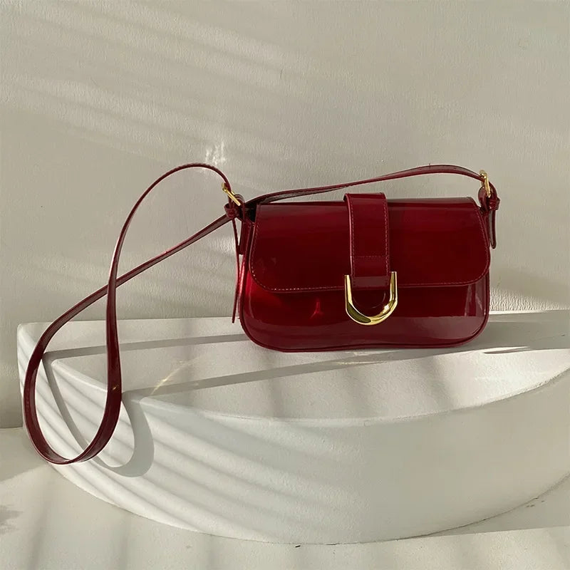 Retro Patent Leather Shoulder Bags For Women Luxury Flap Crossbody Bag Solid Color Underarm Bags Red Crossbody Lady Handbag