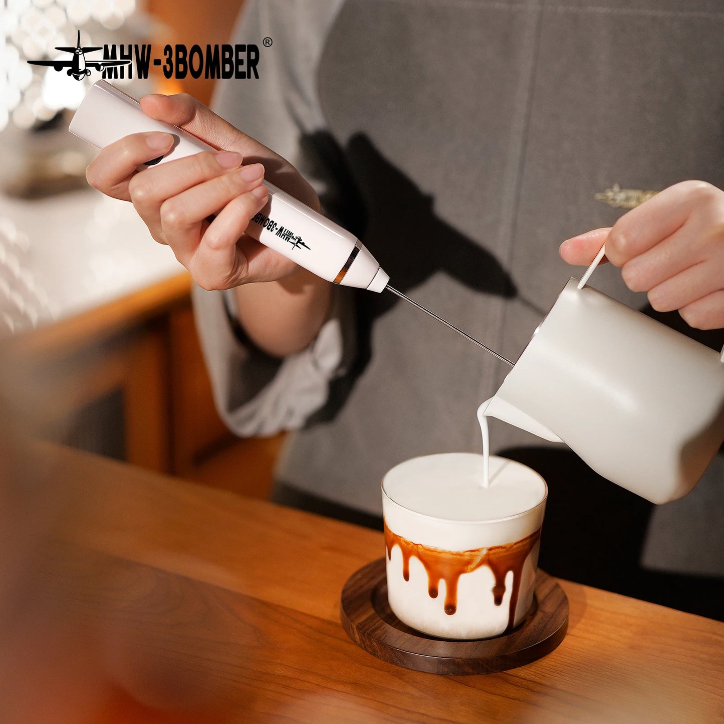 MHW-3BOMBER Electric Milk Frother Sponsored Portable Handheld Rechargeable Whisk Drink Mixer Foamer for Lattes Cappuccino
