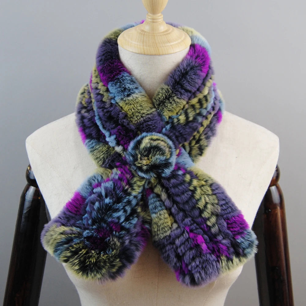 New Russian Women Knit Real Rex Rabbit Fur Scarf Lady Fashion Floral Rex Rabbit Fur Mufflers Hot Winter Warm Natural Fur Scarves