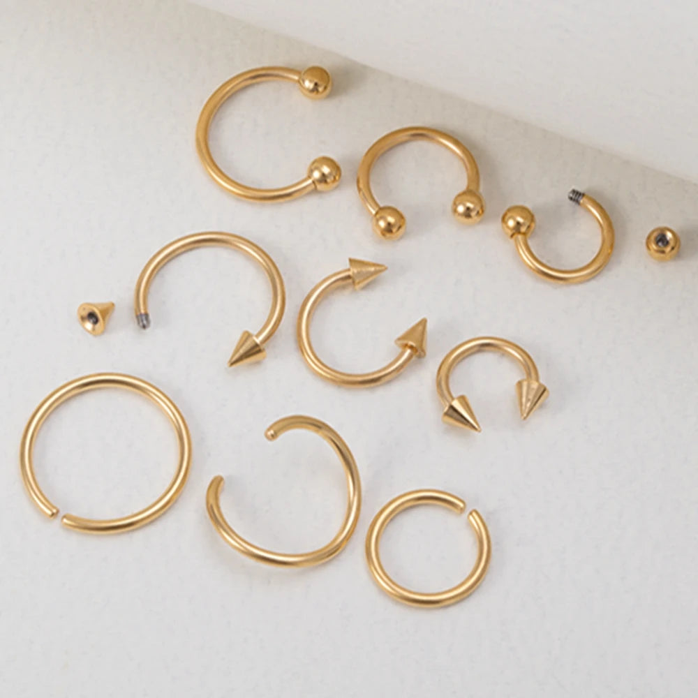 9pcs Hoop Earrings  Nose Ring Septum Real Piercing Bar Set Ear Cartilage Tragus Helix Lip BCR Circular Barbell Jewelry 16G