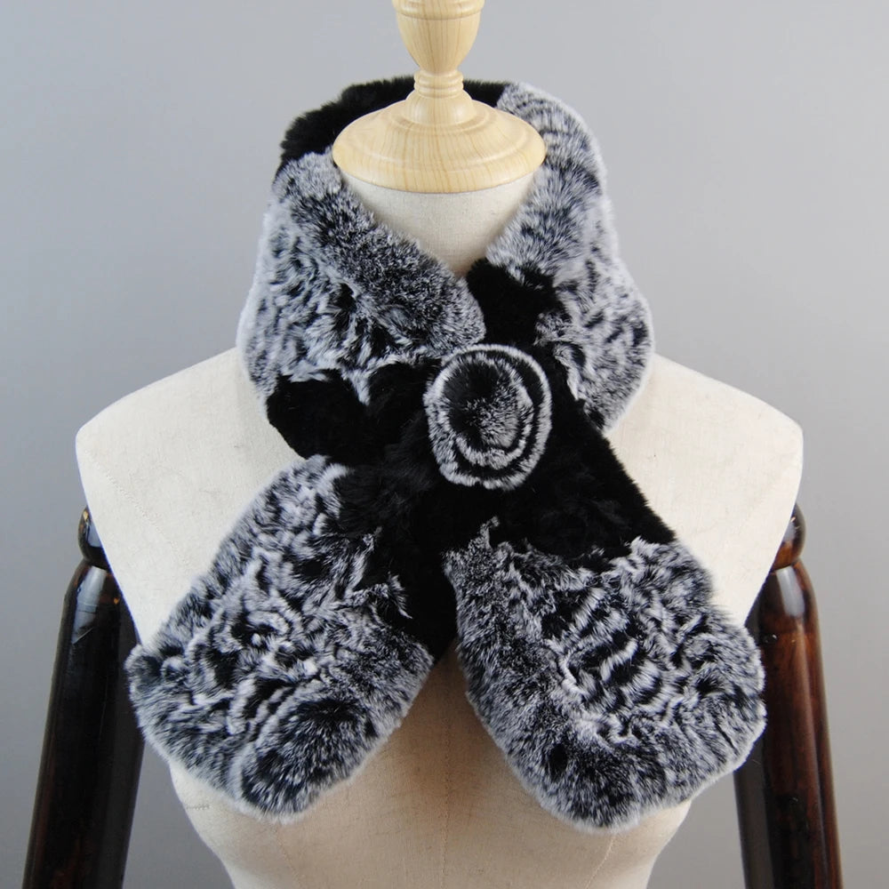 New Russian Women Knit Real Rex Rabbit Fur Scarf Lady Fashion Floral Rex Rabbit Fur Mufflers Hot Winter Warm Natural Fur Scarves