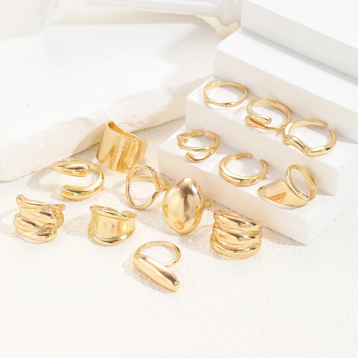 14pcs Exaggerated Smooth Rings Set For Women Fashion Simple Gold Color Geometric Asymmetrical Wide Face Ring Casual Jewelry Gift