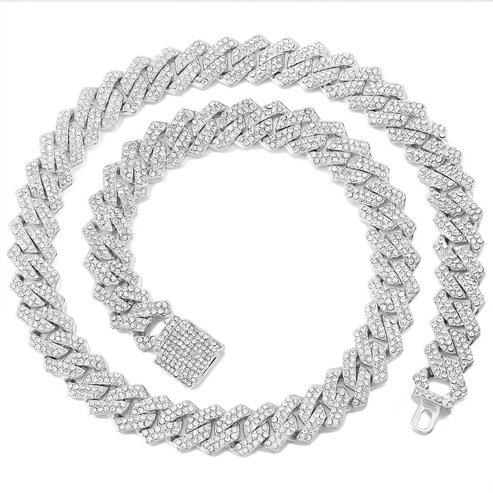 14MM Diamond Cuban Link Chain Men Women Iced Out 2 Row Rhinestone Paved Rhombus Prong Cuban Necklaces Hip Hop Jewelry